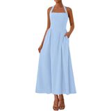 Vestido Maxi Kirundo, De Verão, Sem Mangas, Frente Única, Feminino, Azul Claro