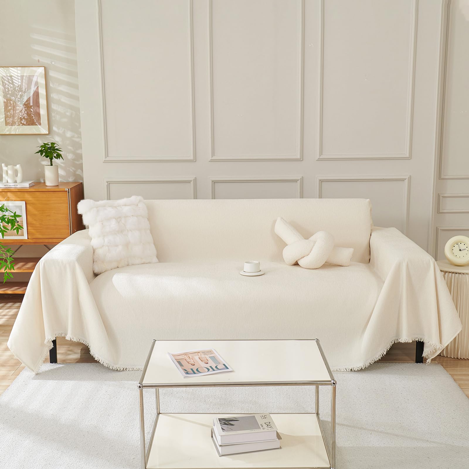 Capa De Sofá Handontime Beige Chenille Para 3 Almofadas. Sofá 180x300cm