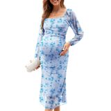 Vestido De Maternidade Aiswi Mesh Franzido, Mangas Compridas, Azul Claro
