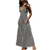 Vestido Casual De Verão Durunul Com Decote Em V Listrado Sem Mangas Preto