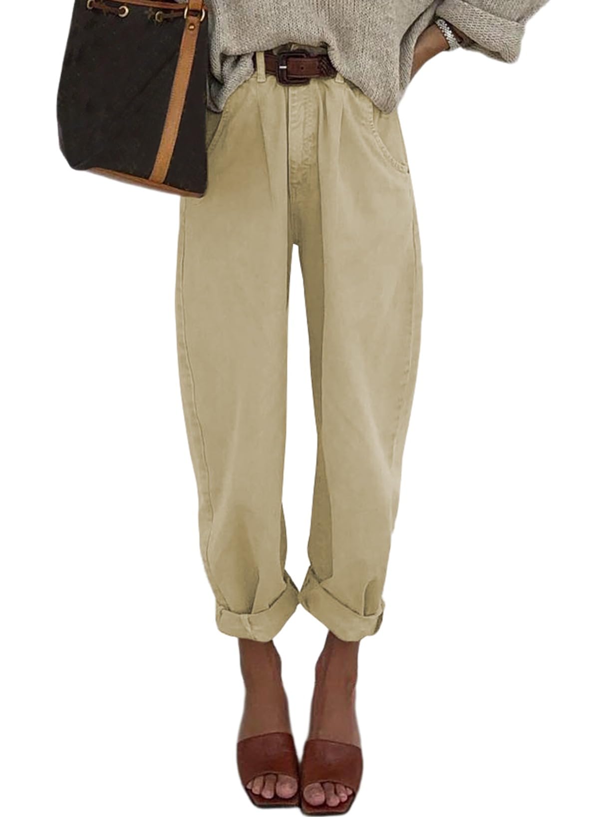 Jeans Elegantes, De Cintura Alta, Folgados, Cortados Em Cáqui 14