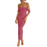 Vestido Feminino Prettygarden 2025, Verão, Sem Ombros, Rosa Escuro