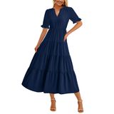 Vestido Midi Prettygarden Feminino Casual, Verão 2025, Azul Marinho