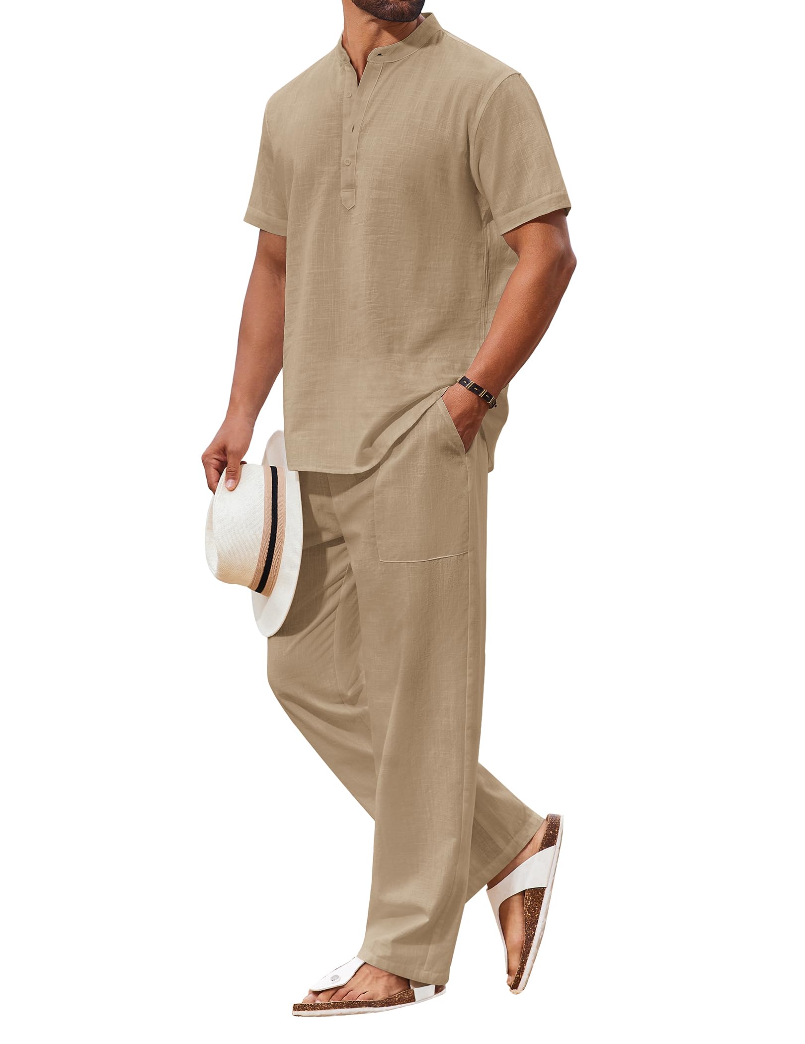 Conjunto De 2 Peças De Algodão: Camisas Casuais Henley E Calças De Praia Masculinas