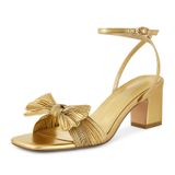Sandálias Isnom Gold Heels Bow Knot Block Heel Strap