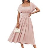 Vestido Grace Karin, Casual De Verão, Decote Quadrado, Rosa Com Babados