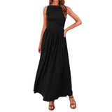 Vestido Maxi Btfbm Feminino 2025, Verão, Sem Mangas, Franzido, Preto