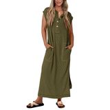 Vestido De Verão Kirundo Ribbed Knit Henley Maxi Army Green Women
