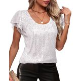 Blusa De Lantejoulas Traleubie Branca Para Mulheres, Manga Com Babados, Tamanho S-xl