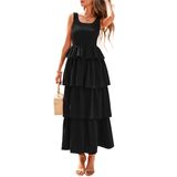Vestido Feminino Prettygarden 2025, Verão, Sem Mangas, Preto Midi