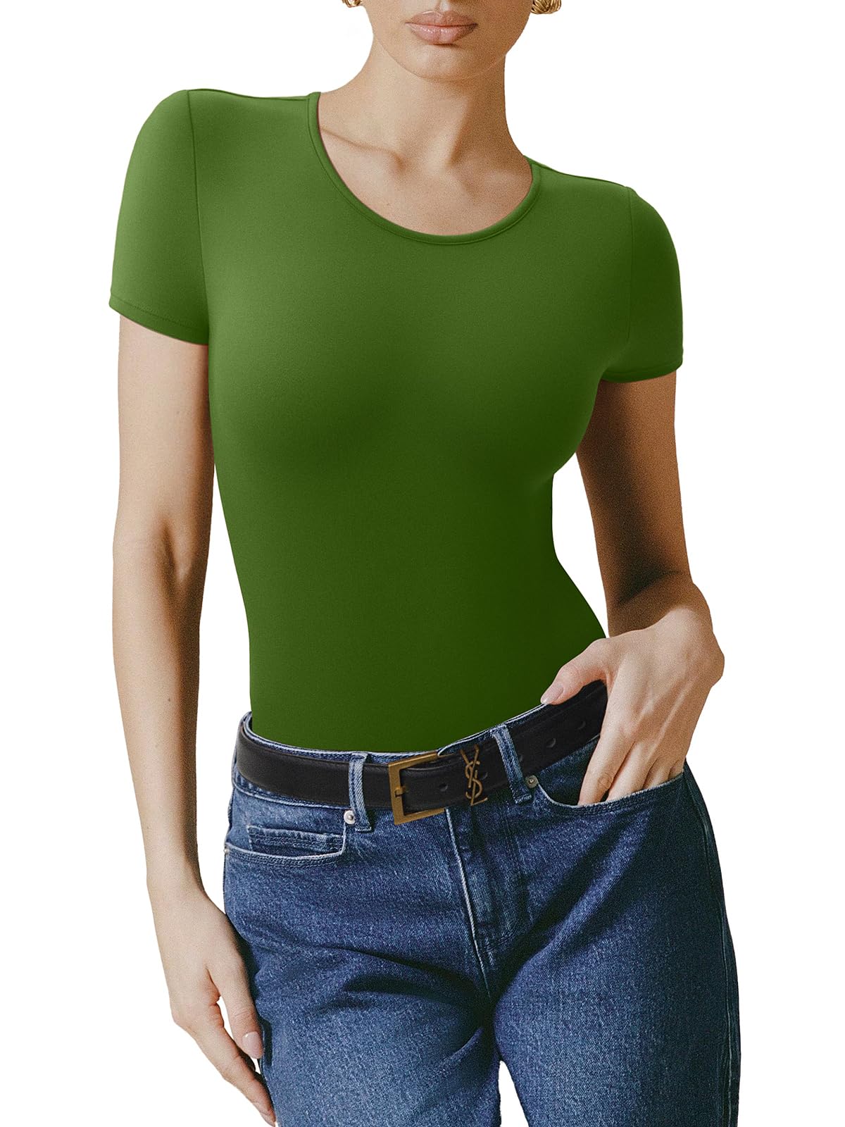 Bodysuit Reoria Verde Com Forro Duplo Básico De Manga Curta Feminina