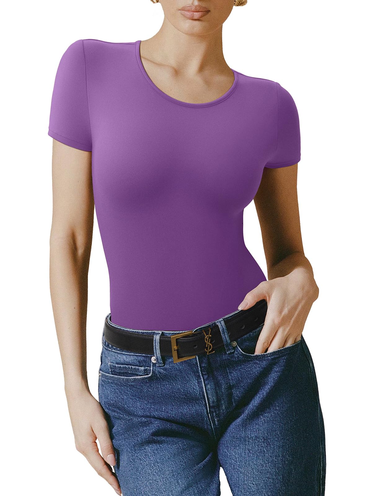 Bodysuit Reoria, Roxo, Forro Duplo, Básico, Manga Curta, Feminina