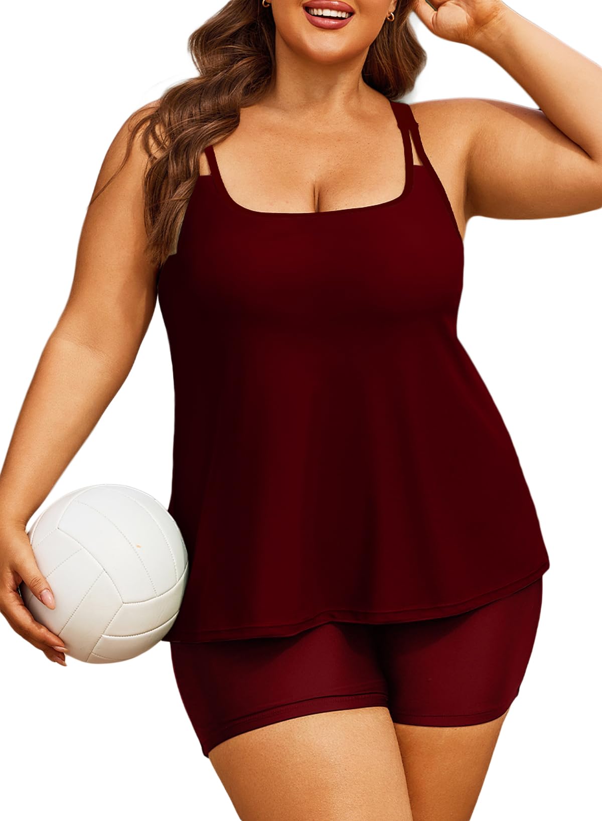 Maiô Tankini Aleumdr Plus Size Full Coverage Burgundy 1x