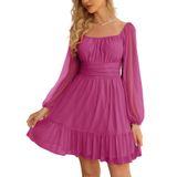 Vestido Wenrine Mesh, Manga Comprida, Gola Quadrada, Uma Linha, Vermelho