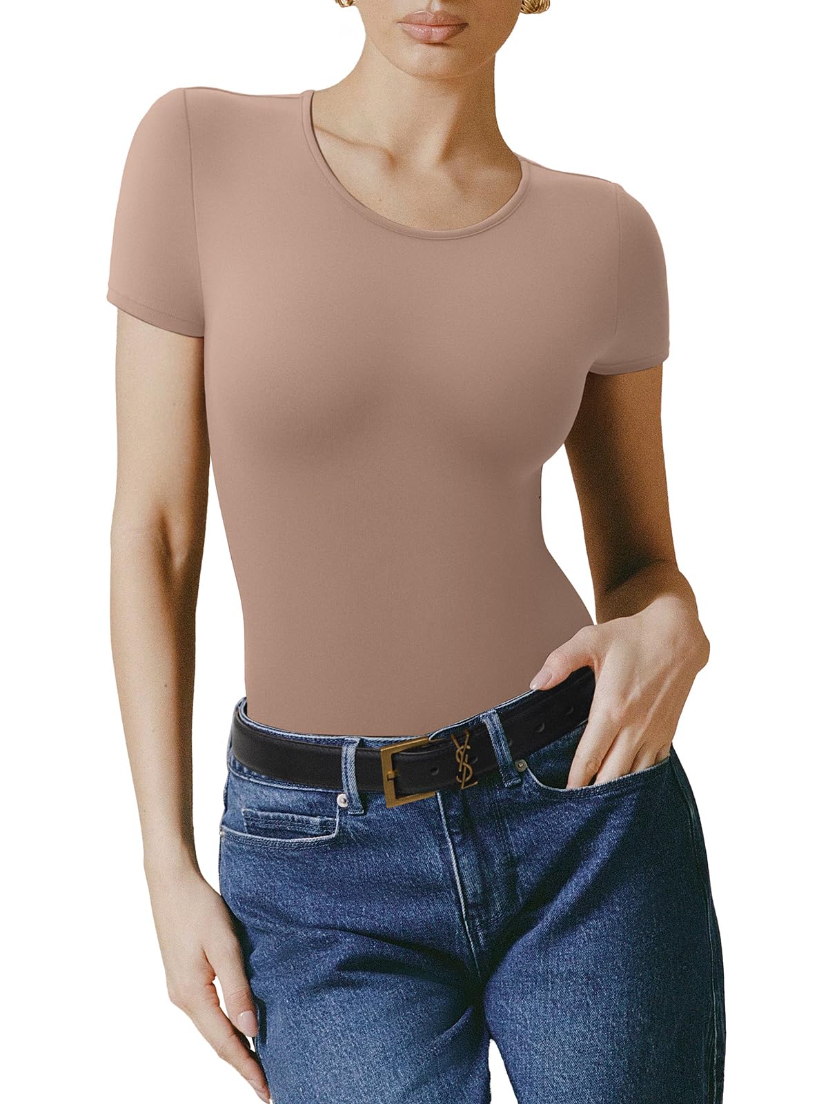 Bodysuit Reoria Bege Com Forro Duplo Básico De Manga Curta Feminina