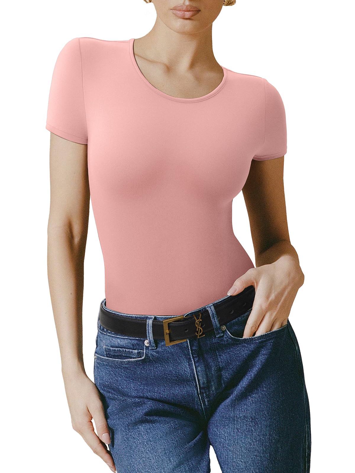 Bodysuit Reoria Rosa Com Forro Duplo Básico De Manga Curta Feminina