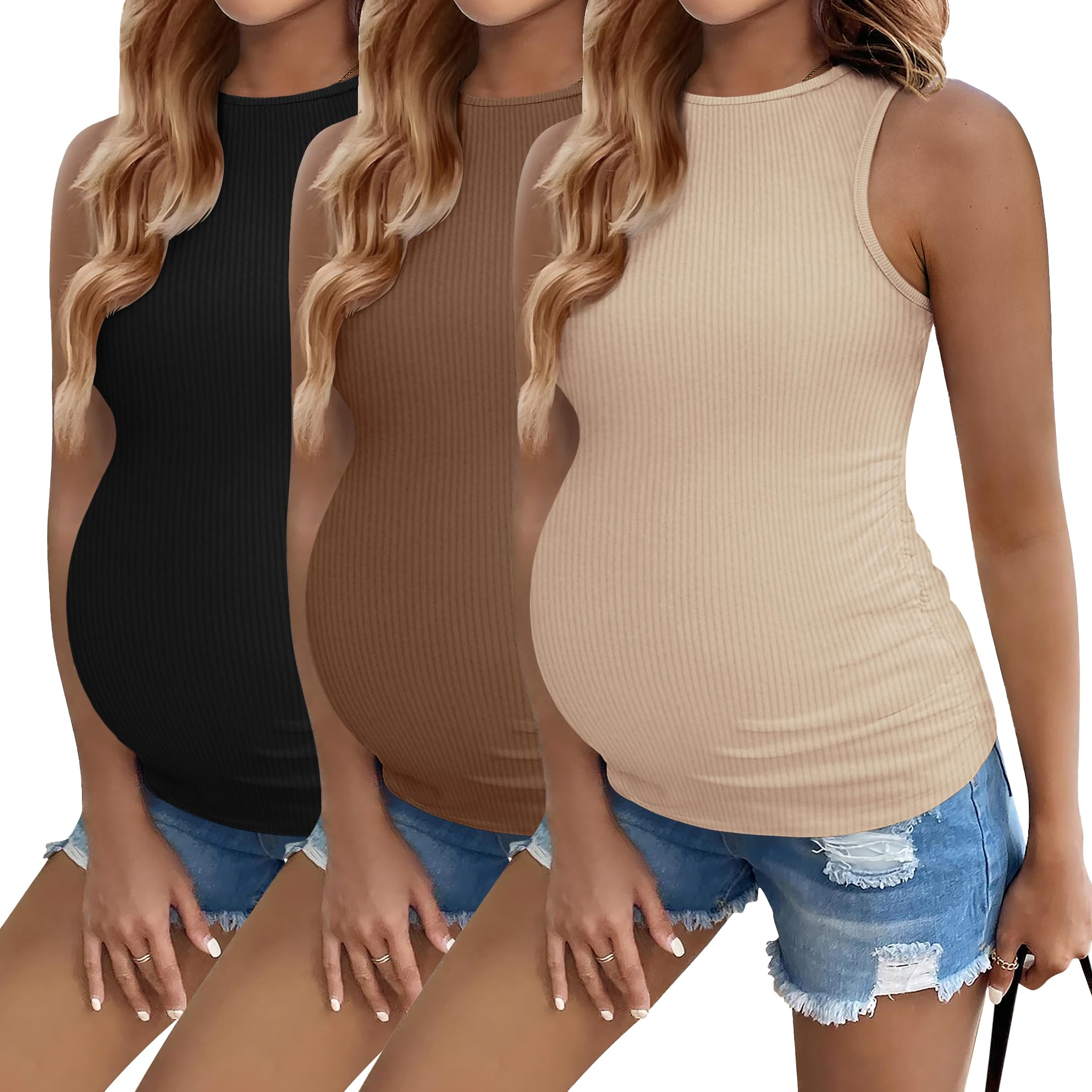Camisetas Regatas Ekouaer Pregnancy Women, Pacote Com 3 Unidades, Maternidade De