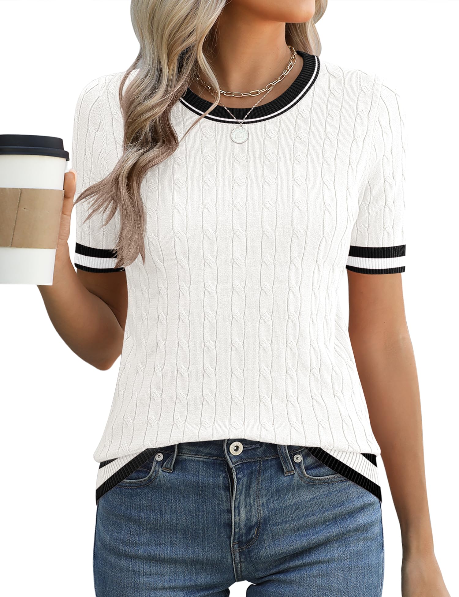 Suéter Feminino Micoson De Manga Curta Tricotado Branco/preto L