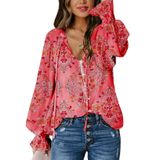 Blusa Feminina Biucly Com Decote Em V, Manga Comprida, Floral, Vermelha, 2gg