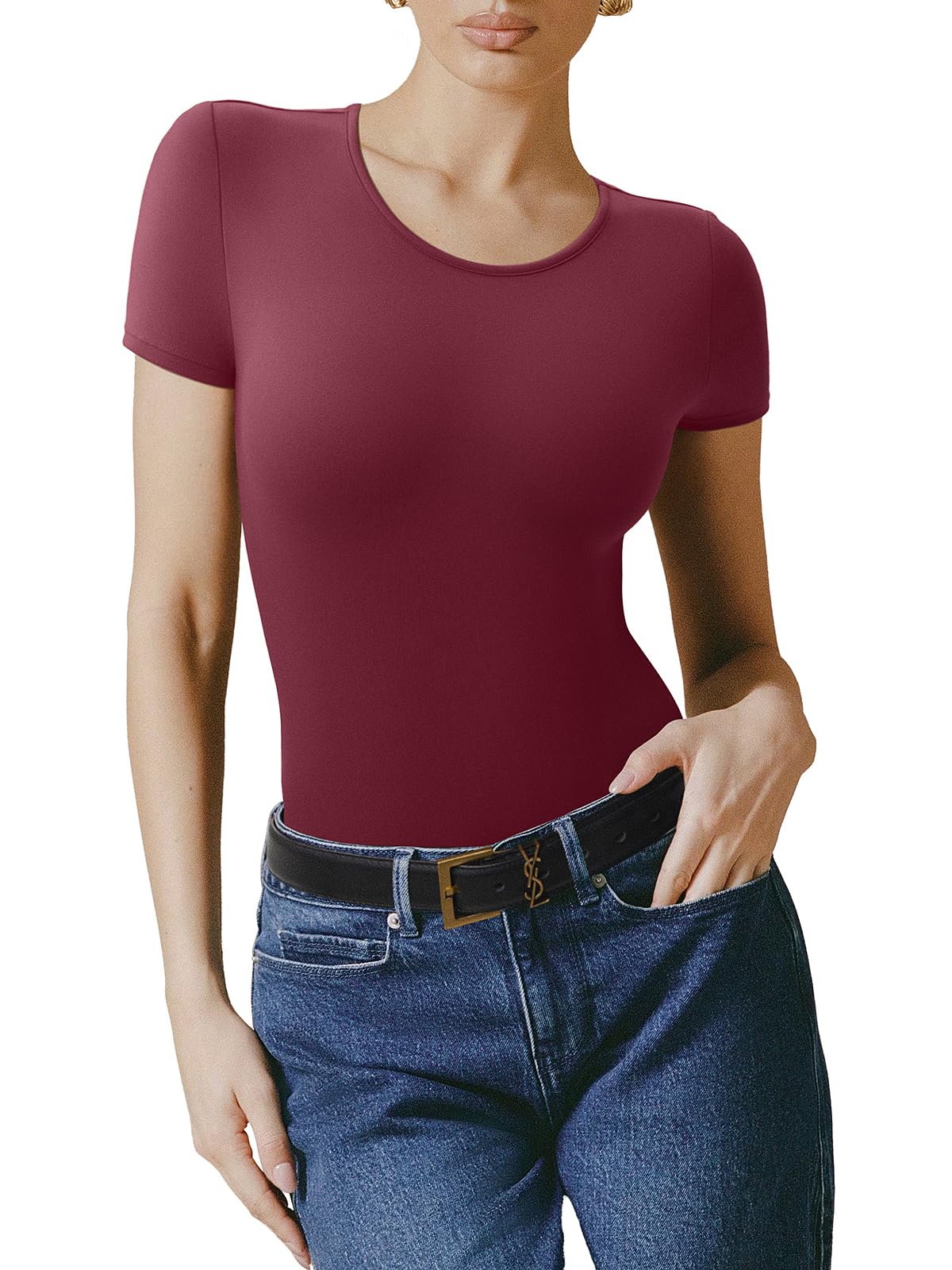 Bodysuit Reoria Vermelho Com Forro Duplo Básico De Manga Curta Feminina 2025