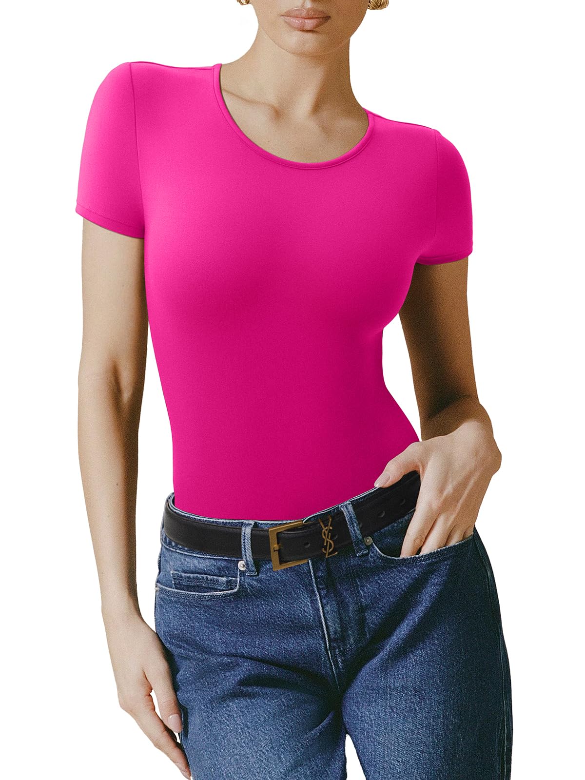 Bodysuit Reoria Rosa Com Forro Duplo Básico De Manga Curta Feminina