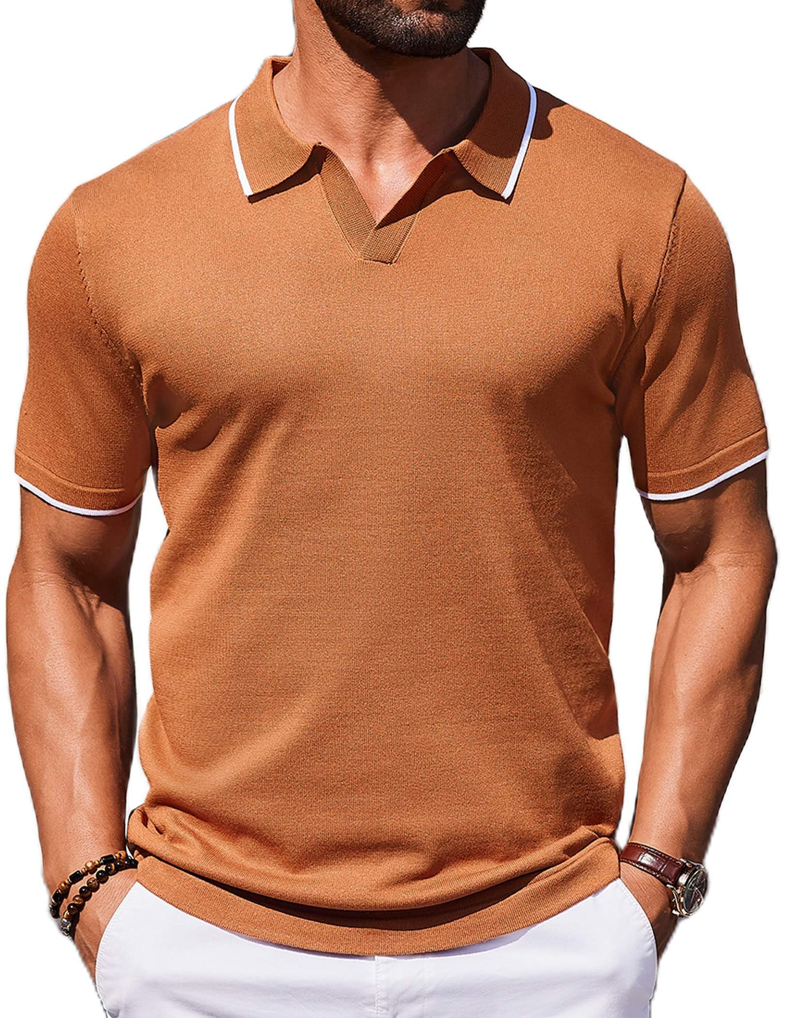 Camisa Polo Masculina Coofandy, Manga Curta, Marrom, Estilo Retrô