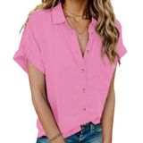 Camisa Feminina Hotouch De Linho Com Botões E Manga Curta Rosa