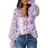 Blusa Feminina Biucly 2024, Casual, Boêmia, Floral, Primavera-preta