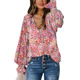 Blusa Feminina Biucly 2025, Casual, Boêmia, Floral, Primavera-preta
