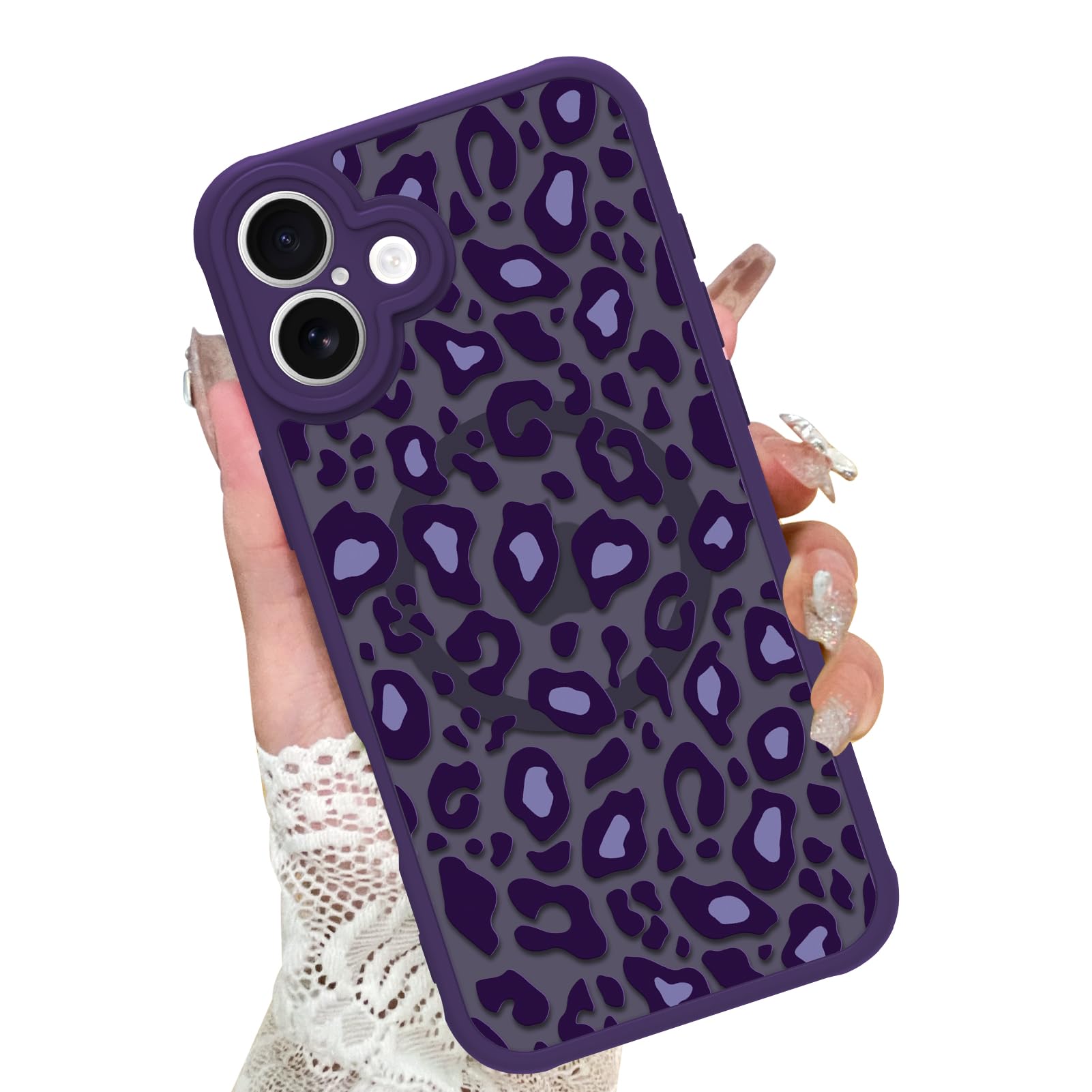 Capa Kanghar Para Iphone 16 Com Estampa De Leopardo Roxo De 6,1 Polegadas Com Magsafe
