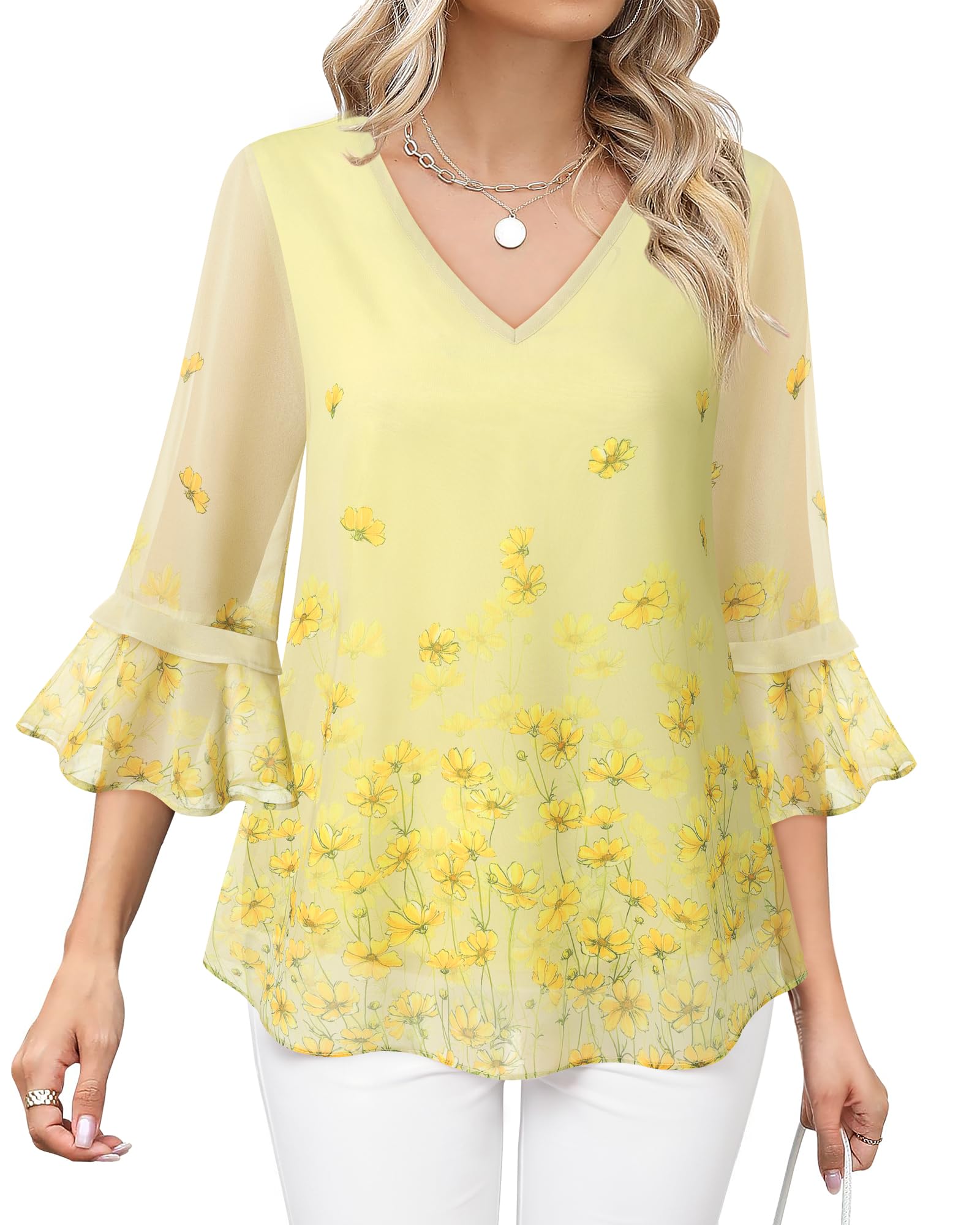 Blusa Feminina Bebonnie Com Babados, Manga 3/4, Decote Em V, Chiffon, Amarela