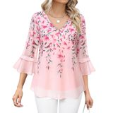 Blusa Feminina Bebonnie Com Babados, Manga 3/4, Decote Em V, Chiffon Floral