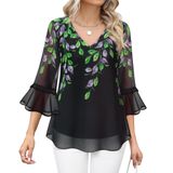Blusa Feminina Bebonnie Com Babados, Manga 3/4, Decote Em V, Camada Dupla