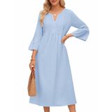 Vestido Midi Merokeety Feminino, Manga 3/4, Decote Em V, Cinza, Azul