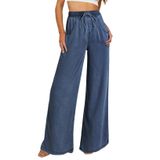Jeans Sidefeel, Cintura Alta, Perna Larga, Cordão, Azul, Feminino