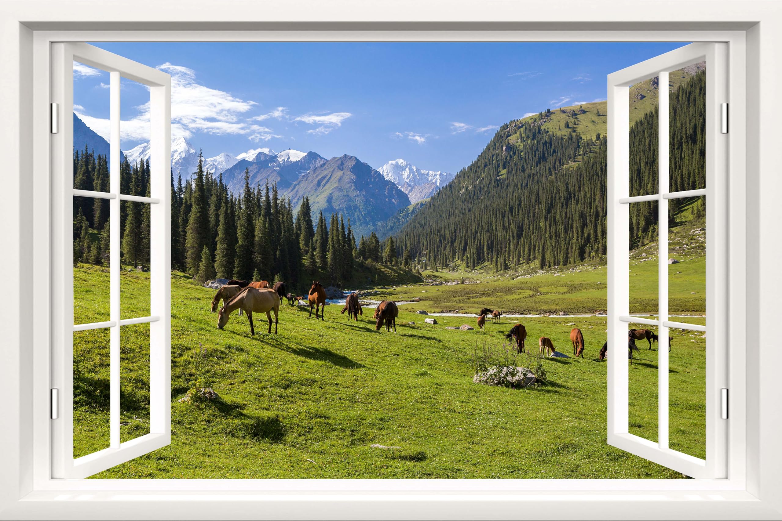 Mural De Parede Fake Window Mountain Landscape Horses 48x32 Polegadas