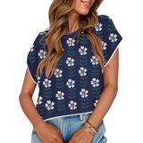 Top Feminino Zesica Com Estampa De Verão, Manga Curta, Gola Redonda, Azul Marinho
