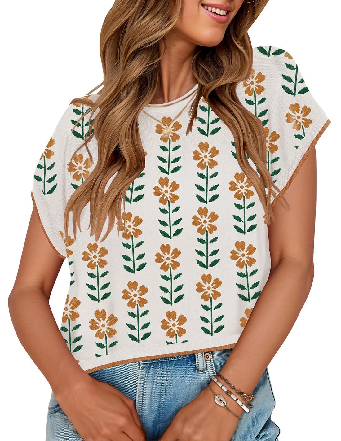 Top Feminino Zesica Com Estampa De Verão, Manga Curta, Gola Redonda, Branca