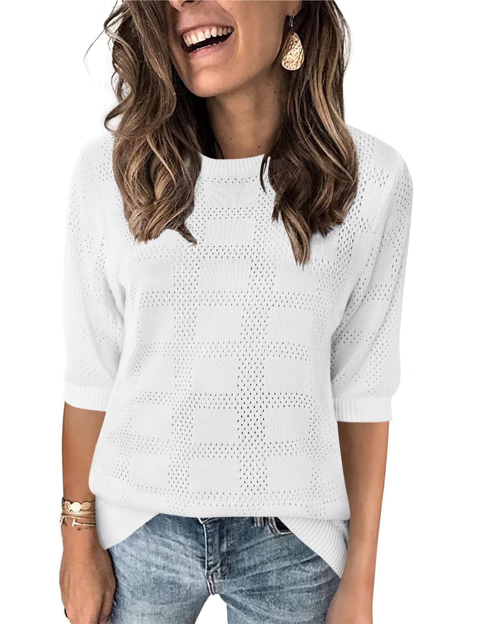 Blusa Túnica Feminina Zeagoo, Manga Curta, Crochê, Tricotada, Branca