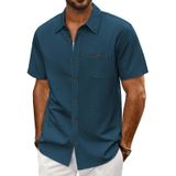 Camisa Masculina Pj Paul Jones, Manga Curta, Linho, Algodão, Azul L