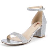 Sandálias Idifu Silver Glitter Heels, Salto Baixo Para Mulheres