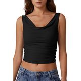 Camiseta Regata Qinsen Com Capuz E Decote Franzido Na Lateral Preta Para Mulheres