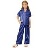 Pijama Arshiner Satin Para Meninas De Manga Curta De 5 A 6 Anos, Azul Marinho