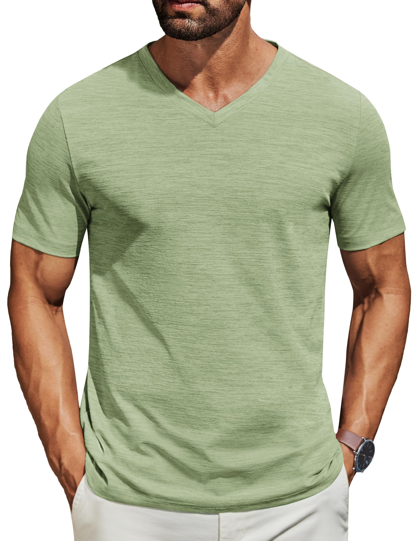 Camiseta Masculina Coofandy De Manga Curta Com Decote Em V Verde Claro