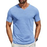 Camiseta Masculina Coofandy, Manga Curta, Decote Em V, Casual, Azul Claro