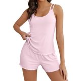 Conjunto De Pijama Ekouaer, Camiseta Regata Feminina De Malha Canelada E Shorts Rosa