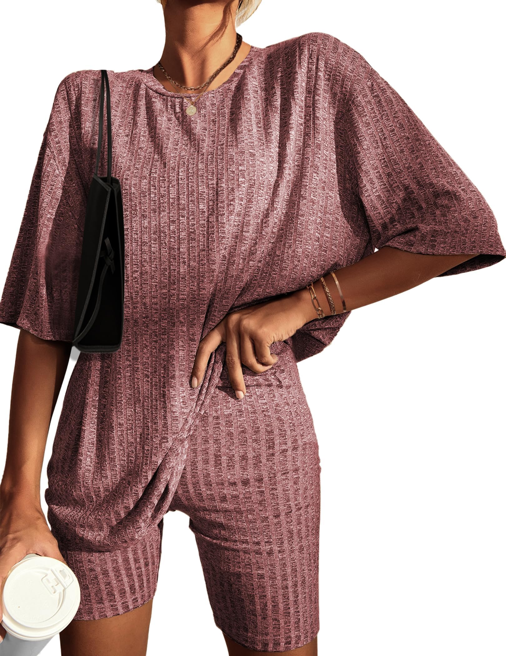 Conjunto De Lounge Feminino Ekouaer Em Malha Canelada Cor De Vinho Xs