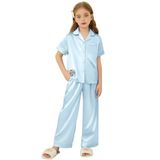 Pijama Arshiner De Cetim Para Meninas De Manga Curta De 5 A 6 Anos, Azul Claro