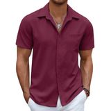 Camisa Masculina Coofandy De Linho De Manga Curta Com Botões, Vinho Tinto