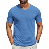 Camiseta Masculina Coofandy, Manga Curta, Decote Em V, Azul Casual